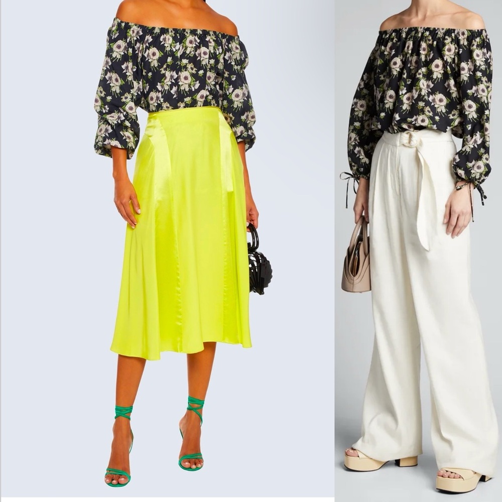Adam Lippes | Floral Black Womens Off Shoulder Top Silk Cotton